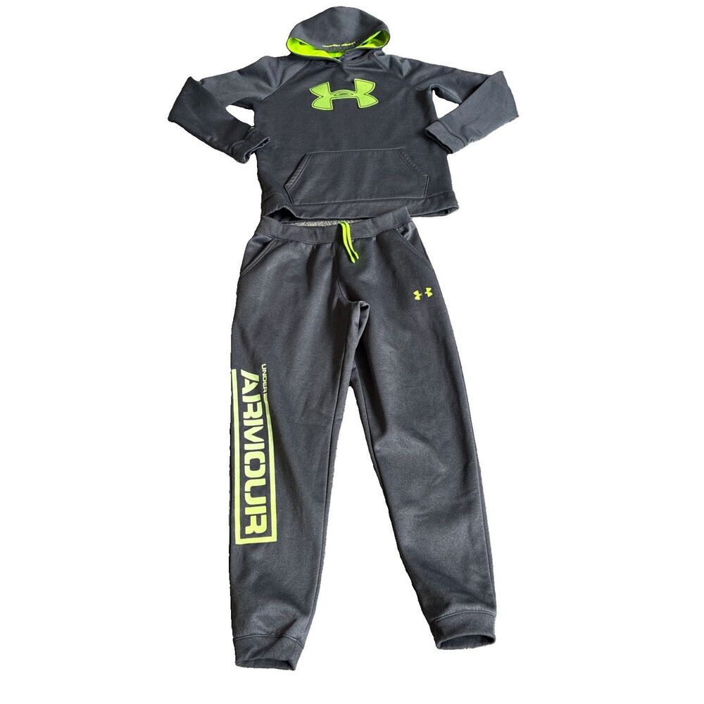 Under Armour Boys Tech Storm 1 Gray Lime Matching Hoodie Jogger Set Youth XL